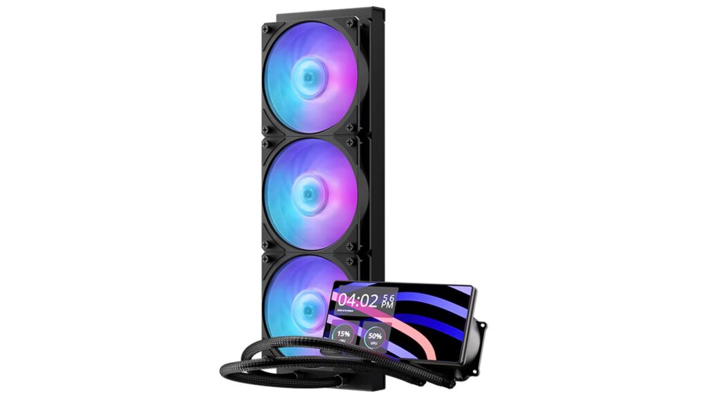 Disipador de agua vertical con tres ventiladores RGB y pantalla LCD, mostrando información de temperatura y velocidad.