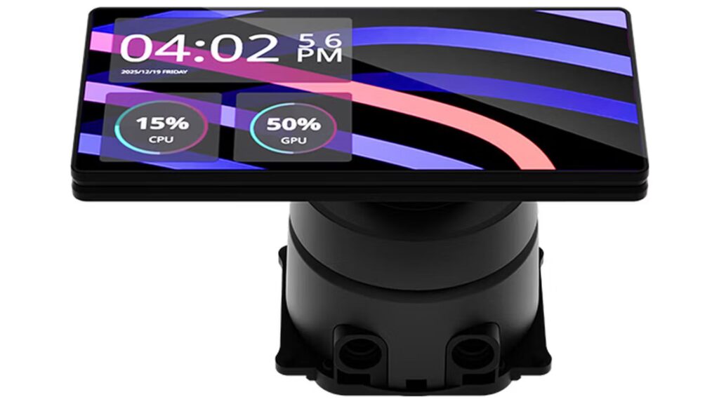 Pantalla rectangular con gráficos en colores vibrantes que muestran uso de CPU y GPU, montada sobre una base negra.