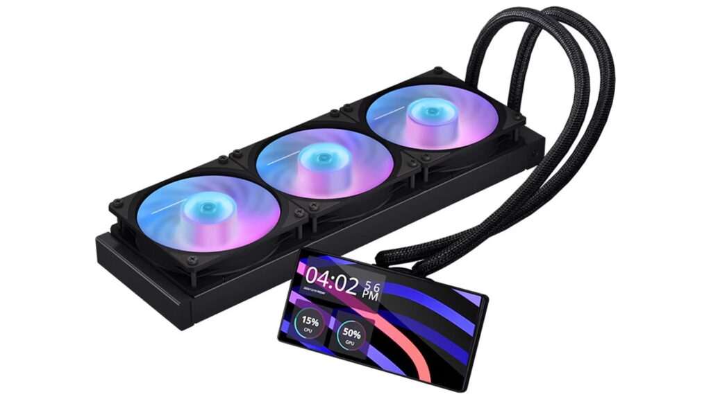 Sistema de refrigeración líquida con tres ventiladores RGB y una pantalla táctil que muestra información sobre la temperatura y el rendimiento.