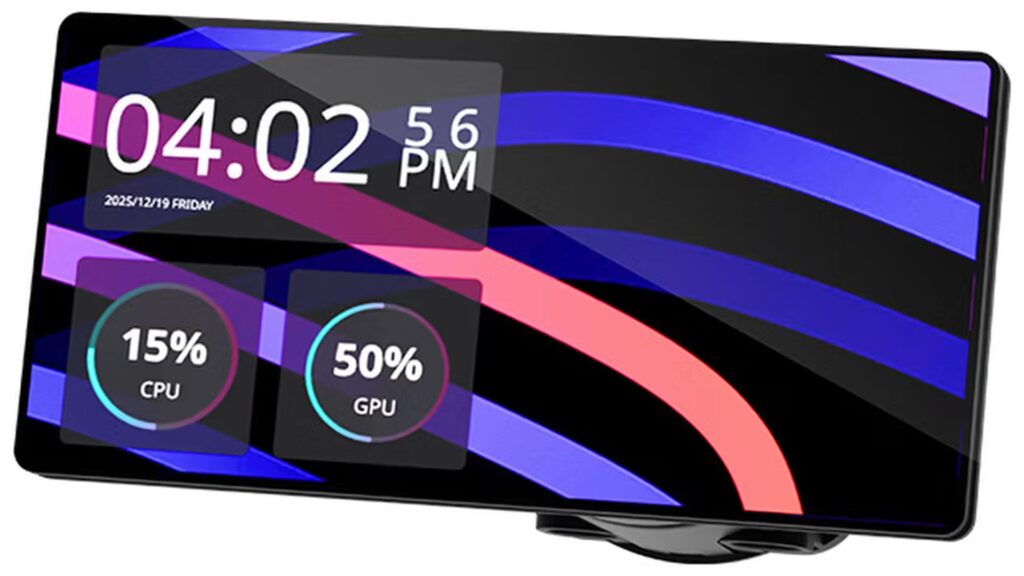 Pantalla rectangular con fondo negro y líneas diagonales en colores azul y rosa, mostrando un reloj digital y gráficos de uso de CPU y GPU.