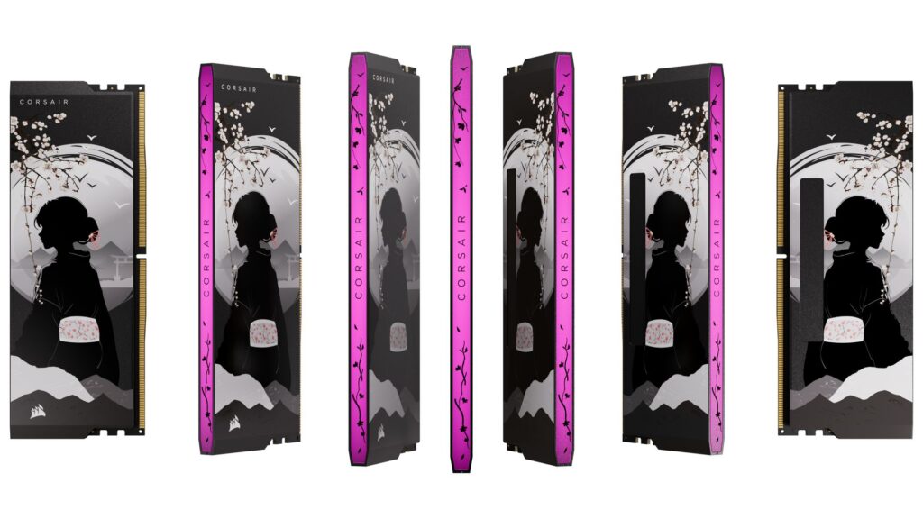 Memoria RAM DDR5 de Corsair con diseño artístico en tonos negros y púrpuras, adornada con motivos florales y figuras estilizadas.