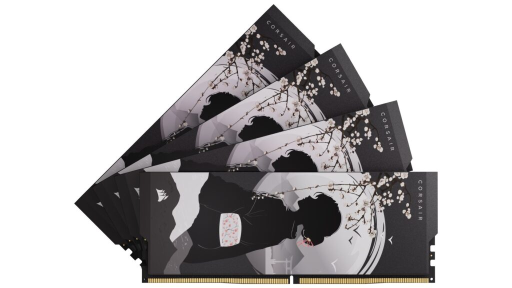 Módulos de memoria SHUGO DDR5 con diseño artístico en tonos oscuros y detalles en blanco, mostrando una ilustración estilizada.