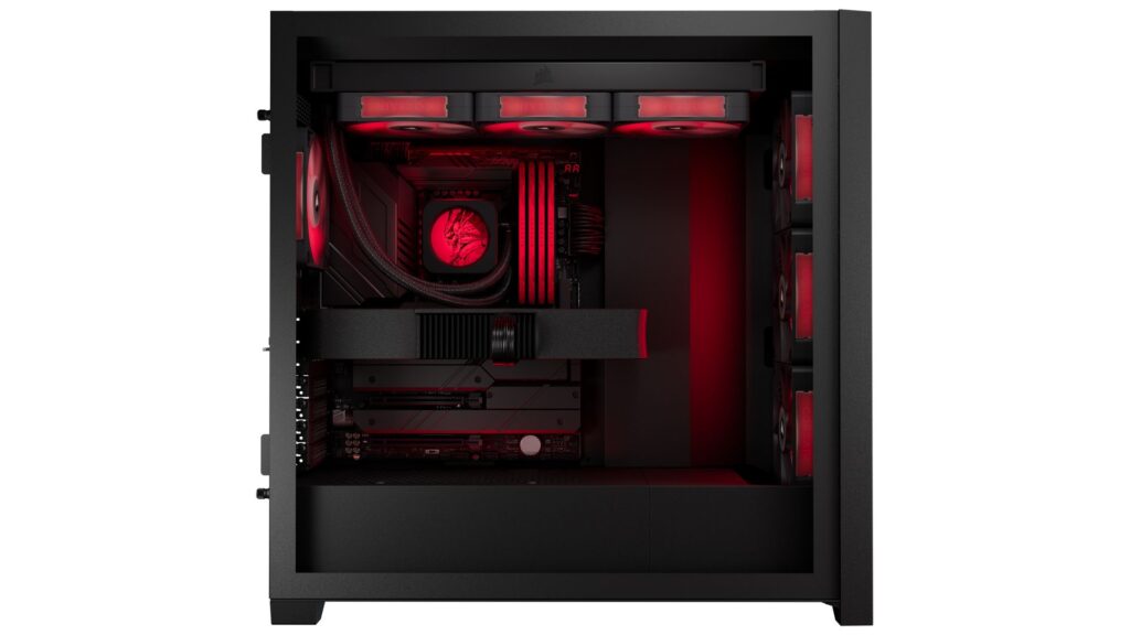 Gabinete de PC negro con iluminación RGB roja, mostrando componentes internos como la tarjeta gráfica y el sistema de refrigeración.