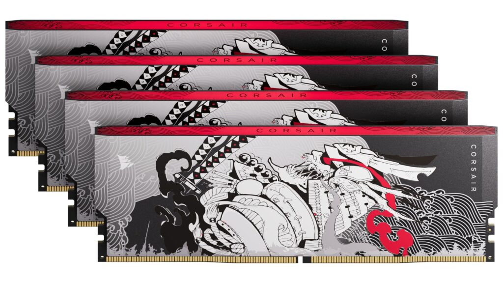 Módulos de memoria DDR5 Corsair en diseño artístico, predominan colores negro, blanco y rojo, con detalles gráficos elaborados.