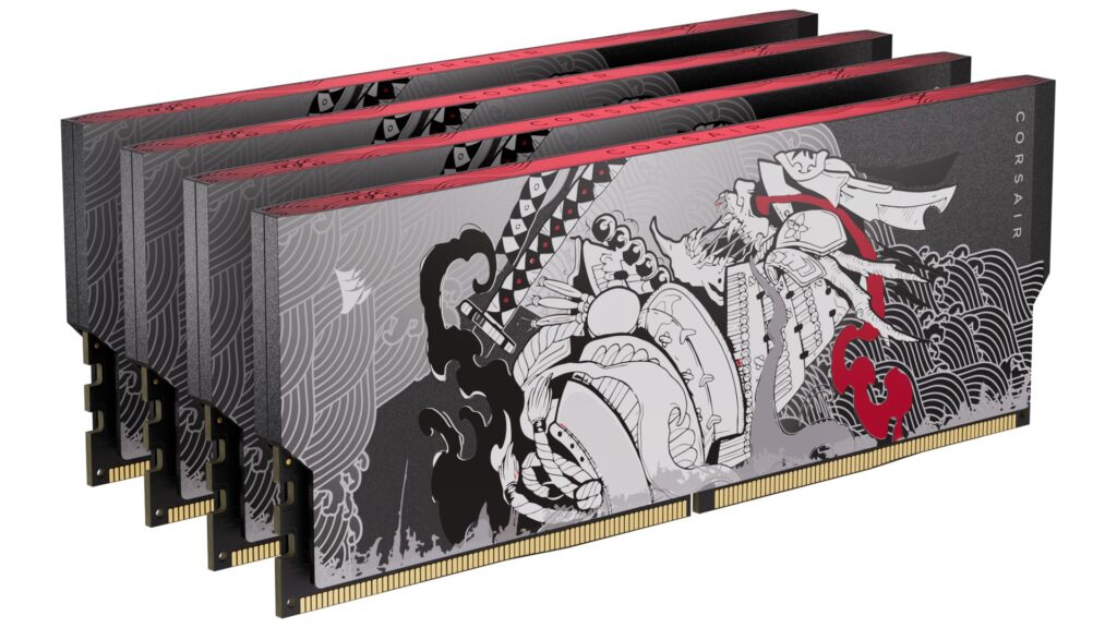 Cuatro módulos de memoria RAM SHUGO DDR5 de Corsair, con un diseño artístico en tonos blanco, negro y rojo, destacando gráficos intrincados.