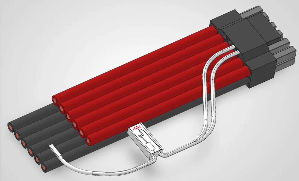 Conector de alimentación 12V con múltiples cables rojos y negros, mostrando el diseño y la disposición de los conectores.