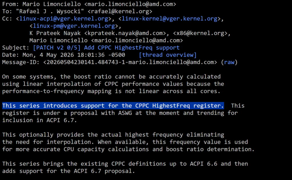 Texto en pantalla que describe la introducción del soporte para el registro CPPC HighestFreq en el contexto de ACPI 6.7.