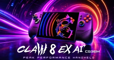 Controlador portátil Claw 8 EX AI+ con diseño vibrante y gráfico de dragón en colores neón sobre fondo de luces dinámicas.