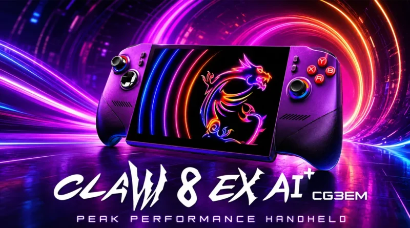 Controlador portátil Claw 8 EX AI+ con diseño vibrante y gráfico de dragón en colores neón sobre fondo de luces dinámicas.