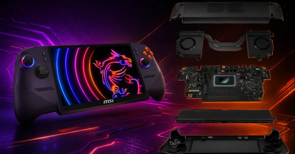 Controlador portátil MSI con pantalla brillante, detalles en colores púrpura y negro; componentes internos desensamblados a un lado.