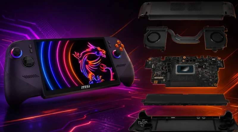 Controlador portátil MSI con pantalla brillante, detalles en colores púrpura y negro; componentes internos desensamblados a un lado.