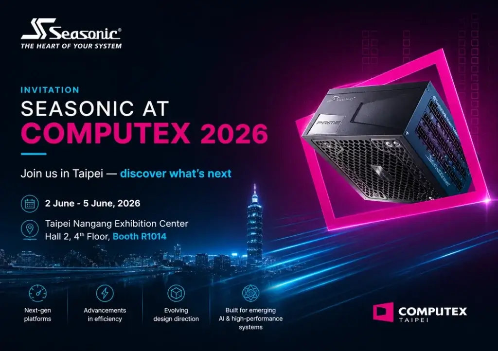 Fuente de poder Seasonic, con diseño moderno y potente, en un fondo oscuro que destaca la información del evento Computex 2026.