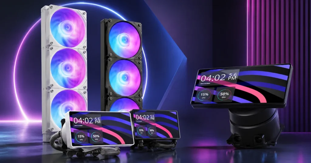 En la imagen, se muestran varios ventiladores RGB en blanco y negro junto a pantallas de 6 pulgadas, con un fondo de luces neón coloridas.