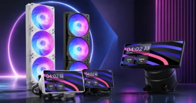 En la imagen, se muestran varios ventiladores RGB en blanco y negro junto a pantallas de 6 pulgadas, con un fondo de luces neón coloridas.