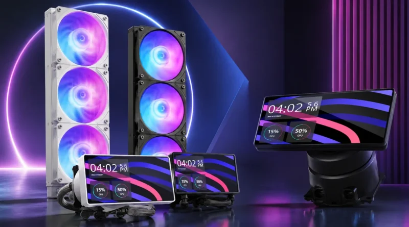 En la imagen, se muestran varios ventiladores RGB en blanco y negro junto a pantallas de 6 pulgadas, con un fondo de luces neón coloridas.