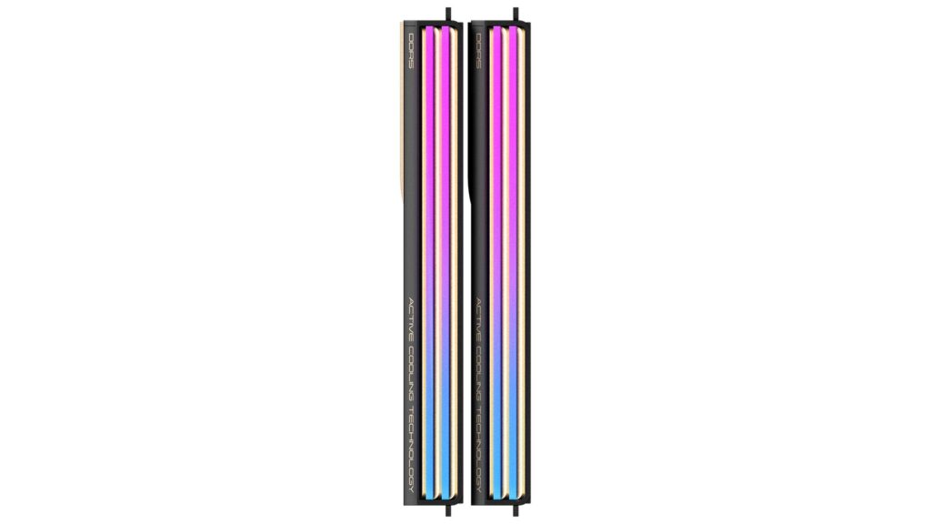 Memoria DDR5 con ventilador integrado, con un diseño elegante en tonos negro, rosa y azul, destacando luces RGB en las barras.