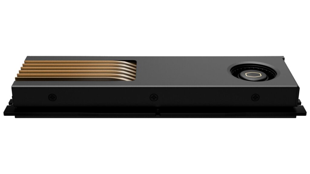 Memoria DDR5 con ventilador integrado, diseño en tonos negros y dorados, con aletas de refrigeración visibles y un perfil bajo.