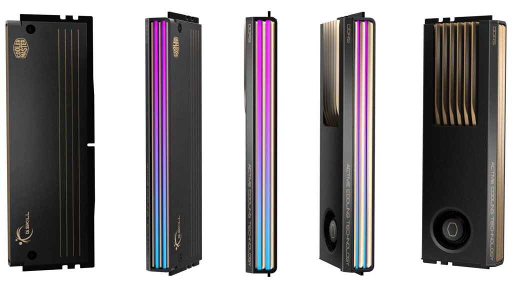 Memoria DDR5 de Cooler Master y G.SKILL con ventilador integrado, en tonos negro y dorado, con iluminación RGB en las caras laterales.
