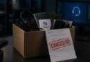 Caja de cartón con un teclado, auriculares y un documento de Microsoft marcado como "CANCELLED", todo en un entorno de oficina oscura.