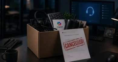 Caja de cartón con un teclado, auriculares y un documento de Microsoft marcado como "CANCELLED", todo en un entorno de oficina oscura.