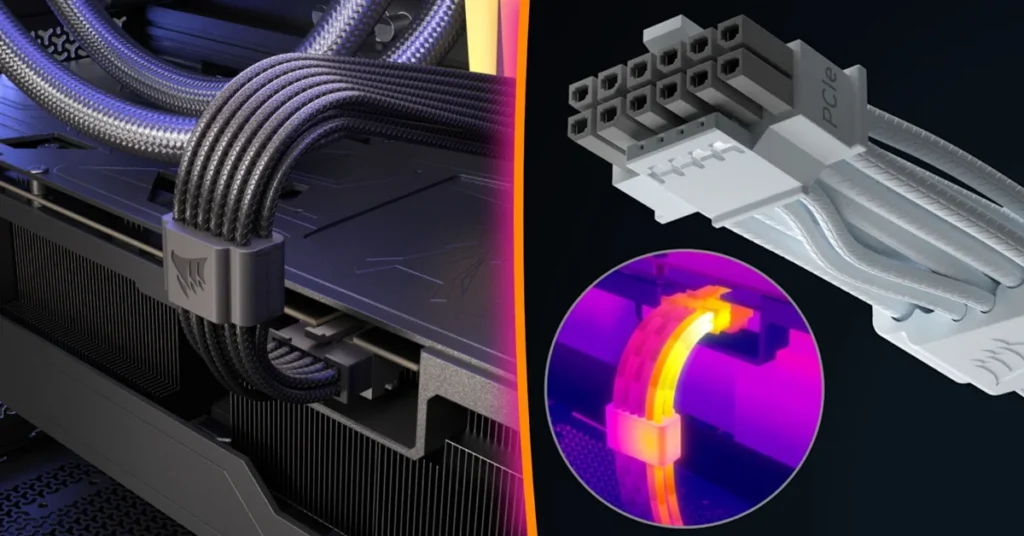 Conector 12V-2×6 en un diseño elegante, con cables trenzados y fondo oscuro, resaltando la necesidad de protección térmica.