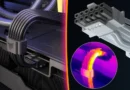 Conector 12V-2×6 en un diseño elegante, con cables trenzados y fondo oscuro, resaltando la necesidad de protección térmica.