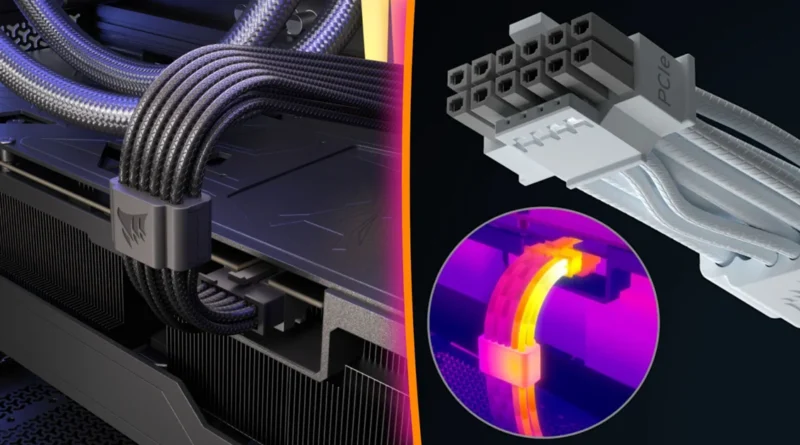 Conector 12V-2×6 en un diseño elegante, con cables trenzados y fondo oscuro, resaltando la necesidad de protección térmica.