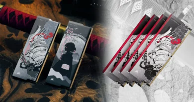 Módulos de memoria DDR5 SHUGO de Corsair con diseño artístico en tonos rojo, negro y blanco, presentando motivos japoneses.