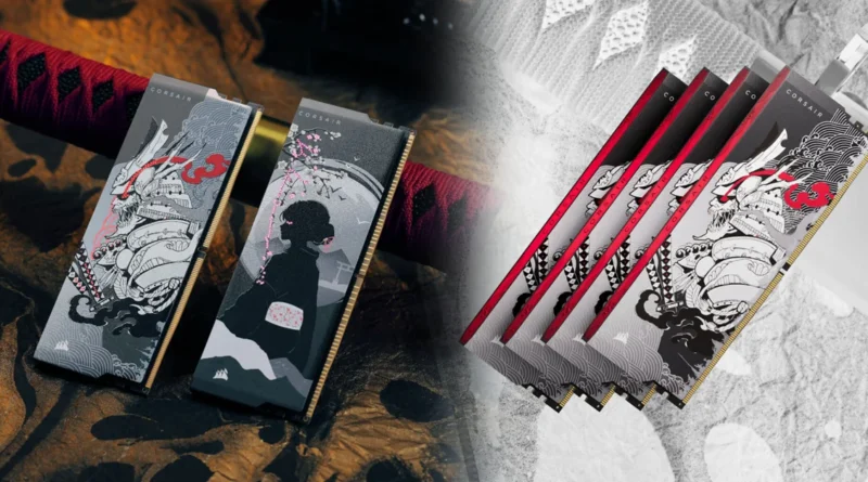 Módulos de memoria DDR5 SHUGO de Corsair con diseño artístico en tonos rojo, negro y blanco, presentando motivos japoneses.