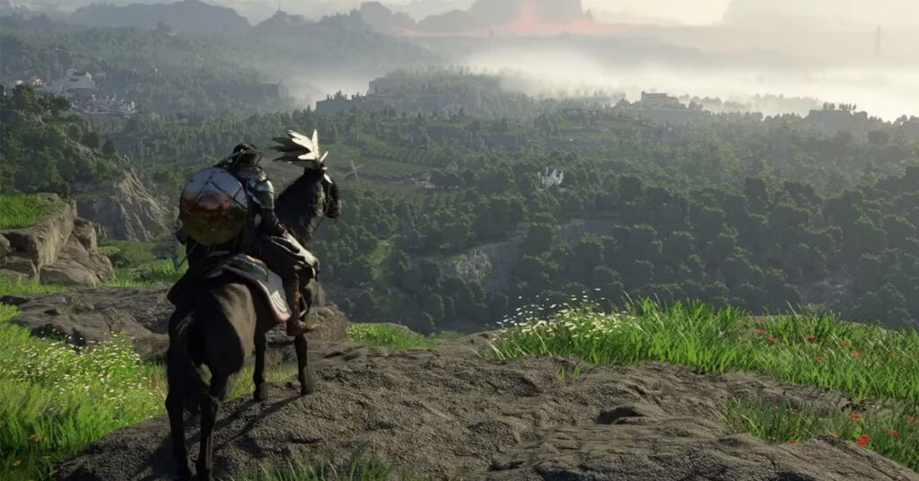 Un personaje montado en un caballo negro observa un paisaje verde montañoso con niebla y un horizonte iluminado al fondo.