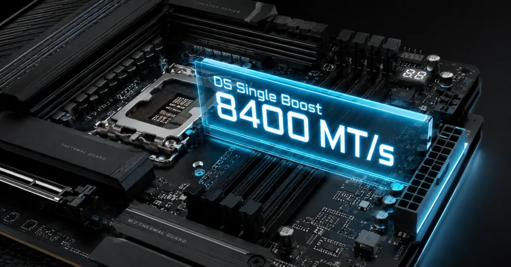 Placa base con iluminación azul que destaca "D5 Single Boost" y "8400 MT/s", enfocándose en el socket del procesador y las ranuras de RAM.