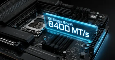 Placa base con iluminación azul que destaca "D5 Single Boost" y "8400 MT/s", enfocándose en el socket del procesador y las ranuras de RAM.