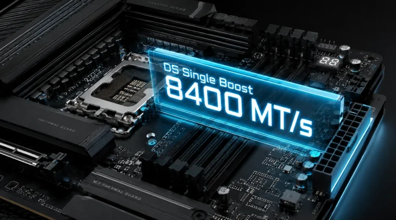 Placa base con iluminación azul que destaca "D5 Single Boost" y "8400 MT/s", enfocándose en el socket del procesador y las ranuras de RAM.