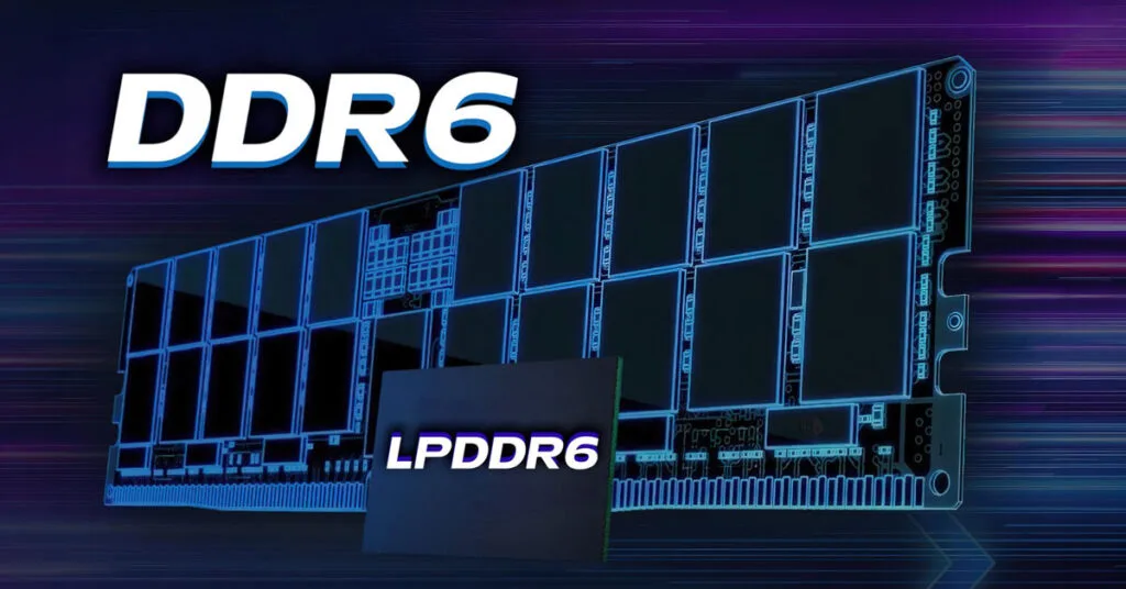 Módulo de memoria DDR6 en un fondo dinámico, con la etiqueta LPDDR6 en primer plano y un diseño futurista en tonos oscuros y azules.
