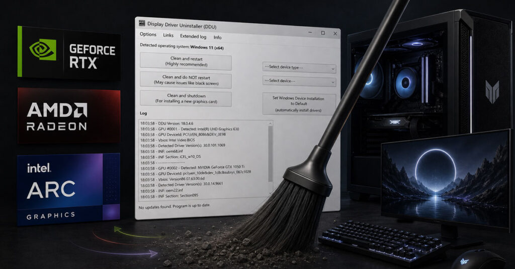Interfaz de DDU en una ventana de software, con logotipo de NVIDIA, AMD e Intel, fondo oscuro, y una escoba limpiando.