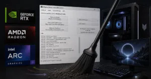 Interfaz de DDU en una ventana de software, con logotipo de NVIDIA, AMD e Intel, fondo oscuro, y una escoba limpiando.