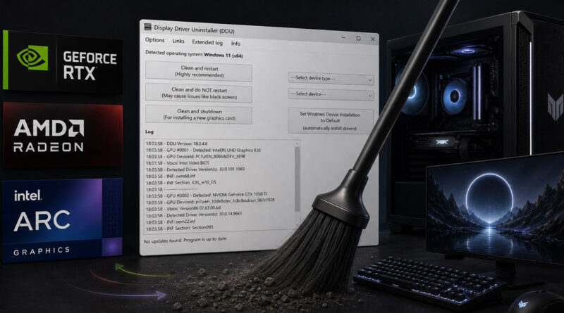 Interfaz de DDU en una ventana de software, con logotipo de NVIDIA, AMD e Intel, fondo oscuro, y una escoba limpiando.