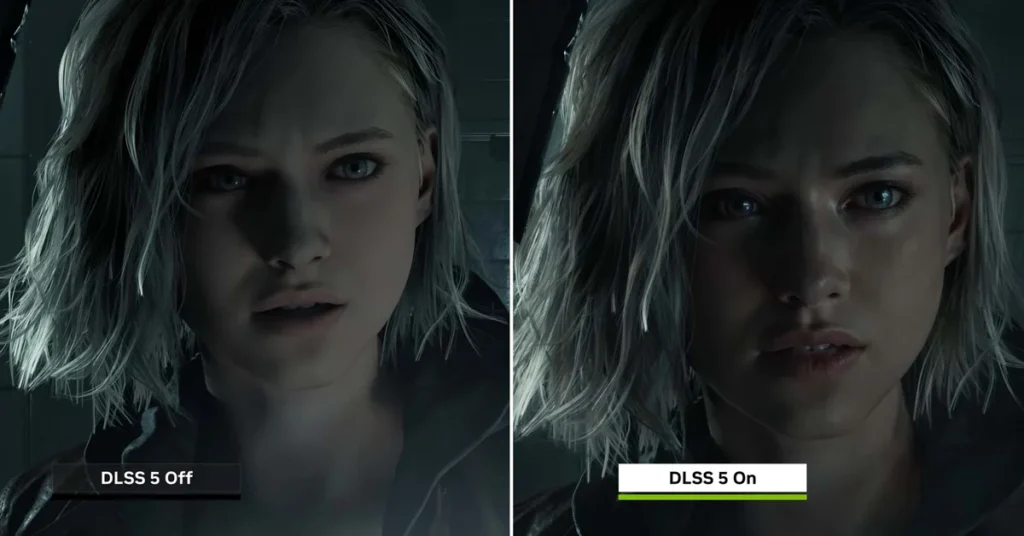 Comparativa entre DLSS 5 apagado y encendido; a la izquierda, la imagen muestra un rostro con menos detalles y a la derecha, más definición y texturas.