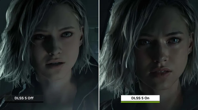 Comparativa entre DLSS 5 apagado y encendido; a la izquierda, la imagen muestra un rostro con menos detalles y a la derecha, más definición y texturas.