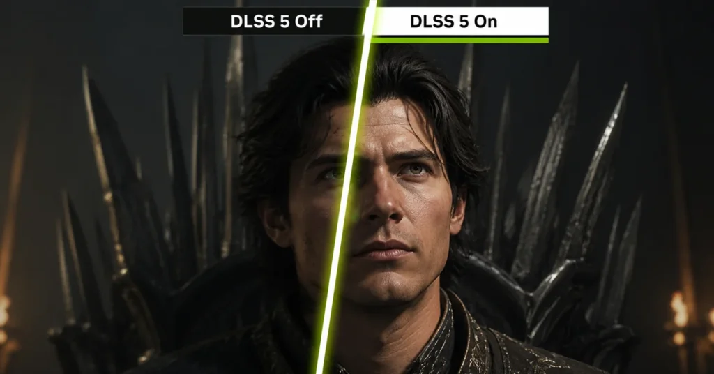 Comparativa de DLSS 5: a la izquierda, imagen sin DLSS 5, a la derecha, mejoras visuales con DLSS 5 activado. Fondo oscuro y detalles mejorados.