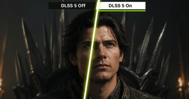 Comparativa de DLSS 5: a la izquierda, imagen sin DLSS 5, a la derecha, mejoras visuales con DLSS 5 activado. Fondo oscuro y detalles mejorados.