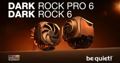 Disipadores Dark Rock 6 y Pro 6 con diseño en tonos oscuros y detalles en metal, sobre fondo luminoso anaranjado.