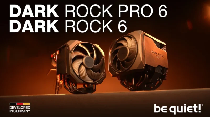 Disipadores Dark Rock 6 y Pro 6 con diseño en tonos oscuros y detalles en metal, sobre fondo luminoso anaranjado.
