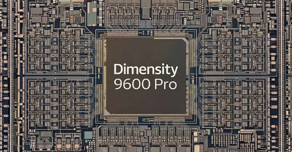 Chip Dimensity 9600 Pro en el centro, rodeado de circuitos y componentes electrónicos complejos, en tonos oscuros y detalles en dorado.