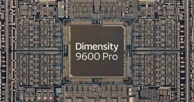 Chip Dimensity 9600 Pro en el centro, rodeado de circuitos y componentes electrónicos complejos, en tonos oscuros y detalles en dorado.
