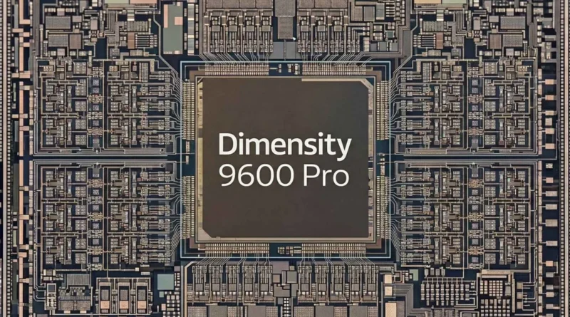 Chip Dimensity 9600 Pro en el centro, rodeado de circuitos y componentes electrónicos complejos, en tonos oscuros y detalles en dorado.