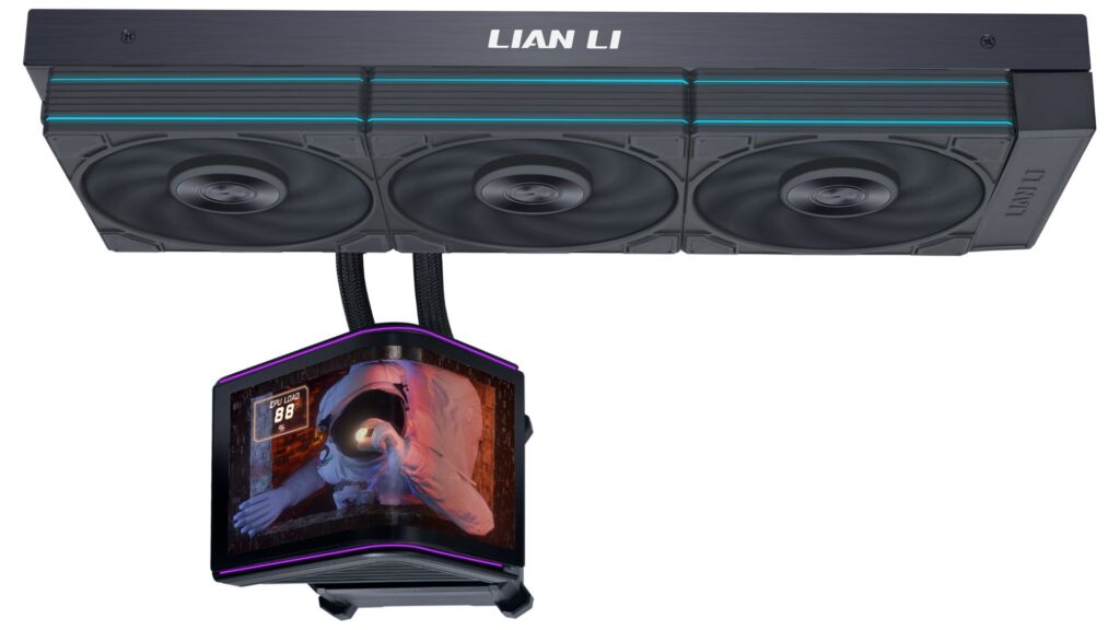 Enfriador líquido Lian Li con tres ventiladores y bloque de agua rectangular. Iluminación RGB en los bordes y pantalla digital integrada.