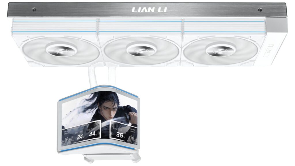 Sistema de refrigeración líquida Lian Li con tres ventiladores blancos y un panel de control que muestra gráficos de temperatura y rendimiento.