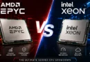 Layout comparativo de procesadores AMD EPYC e Intel Xeon, con fondo rojo y azul, destacando características clave en ambos lados.