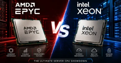 Layout comparativo de procesadores AMD EPYC e Intel Xeon, con fondo rojo y azul, destacando características clave en ambos lados.